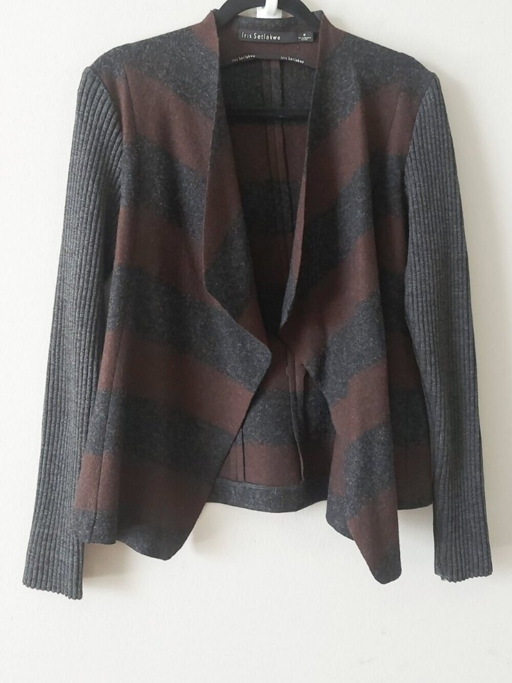 Iris Setlakwe Women Wool Striped Open Front Draped Jacket 8 Ribbed Long Sleeve